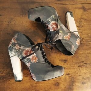 Rodarte Opening Ceremony formal brocade platform shoes w black satin ribbon lace